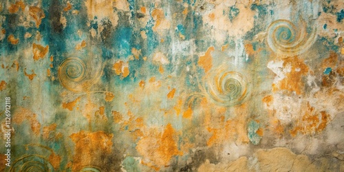 A weathered wall with faded paint, displaying a symphony of swirling patterns in hues of teal and gold.