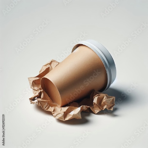 Empty crumpled paper coffee cup lies on a white background. Environmental pollution by household waste.  AI grnerated. photo