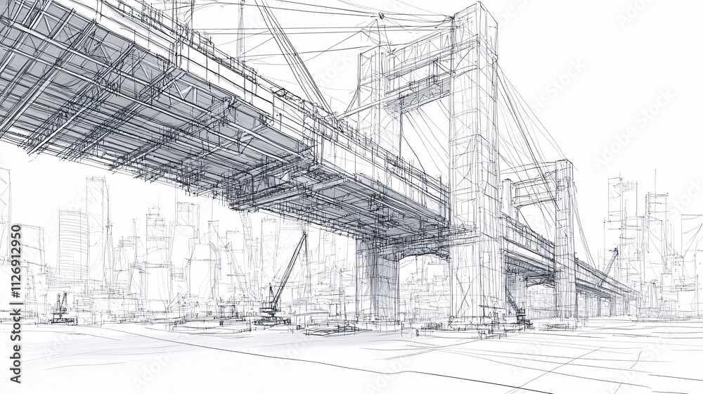 Line drawing of a massive bridge under construction, cranes and workers visible, symbolizing civil engineering and infrastructure development. Line drawing of a massive bridge under construction, cranes and workers visible, symbolizing civil engineering and infrastructure development.
