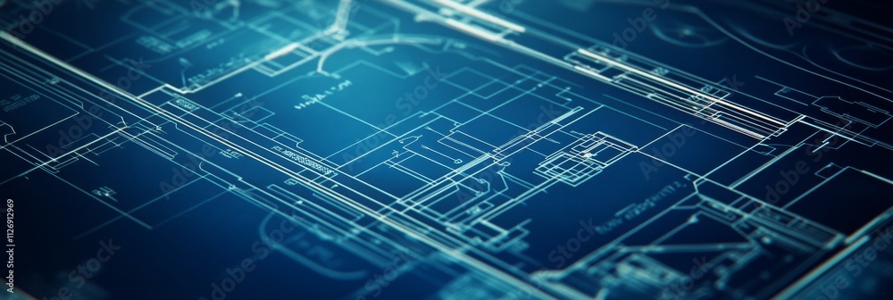 Fototapeta premium A digital blueprint with intricate lines and patterns set against a deep blue background, showcasing architectural and engineering designs.