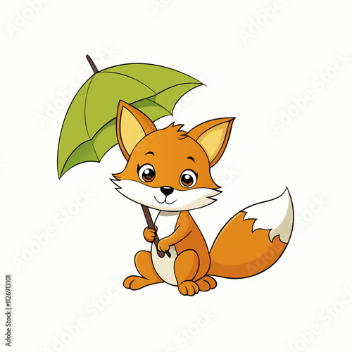 An adorable cartoon baby fox sitting calmly, holding a large leaf as an umbrella