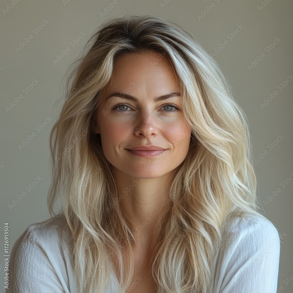 Fototapeta premium portrait of scandinavian softly smiling blonde woman is 40 ears old with blond hair in white T-shirt on beige color background