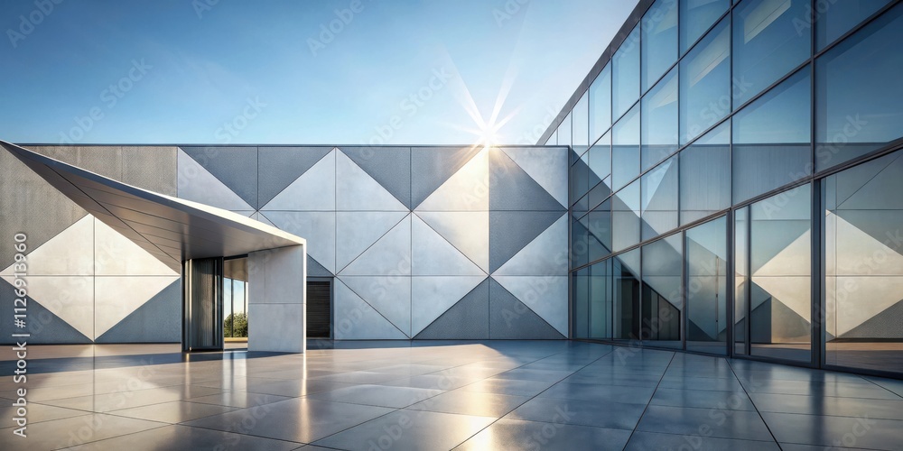 Obraz premium Geometric Facade Reflecting Sunrays on Modern Building Exterior
