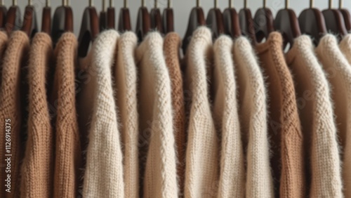 Pastel brown sweaters on hangers in a store with copy space. Mocha Mousse colored image, minimalism