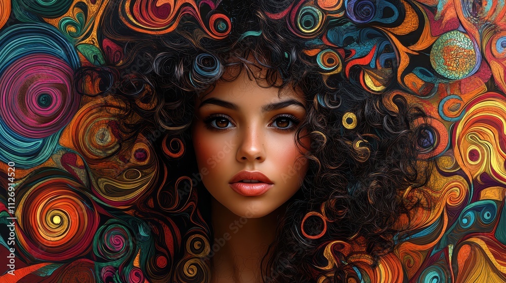 Vibrant Portrait of a Woman with Curly Hair and Colorful Background