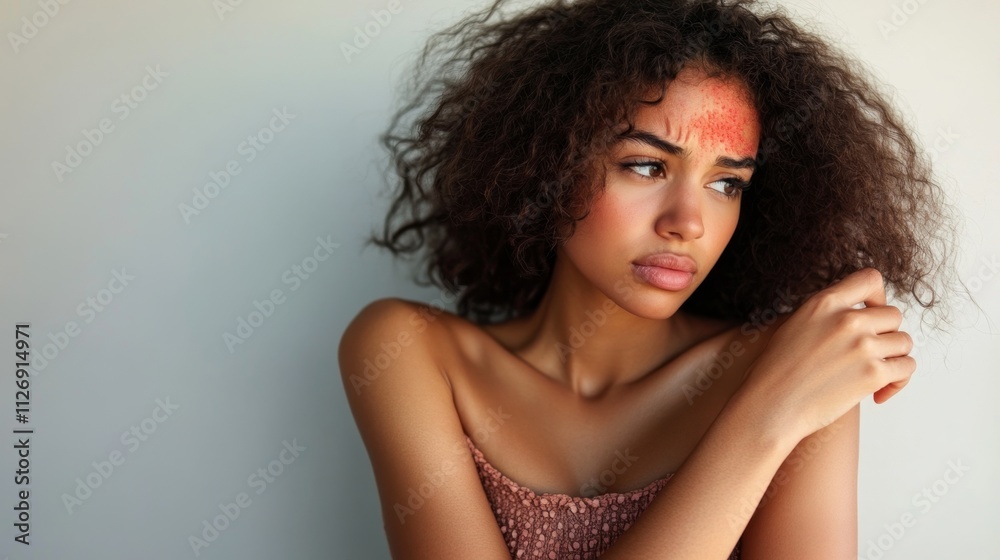 A young black woman is upset because of a red rash on her face that causes irritation to her skin due to intolerance to dust. A young black woman is upset because of a red rash on her face that causes irritation to her skin due to intolerance to dust.