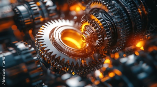 Close-up of interlocking gears with glowing elements in a machinery setup.