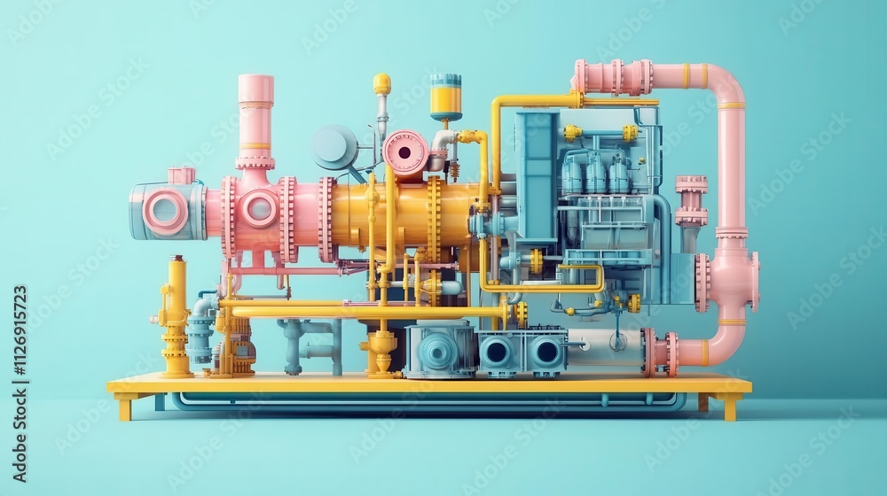 Fototapeta premium A colorful, stylized industrial machine featuring pipes, valves, and various components against a light blue background.