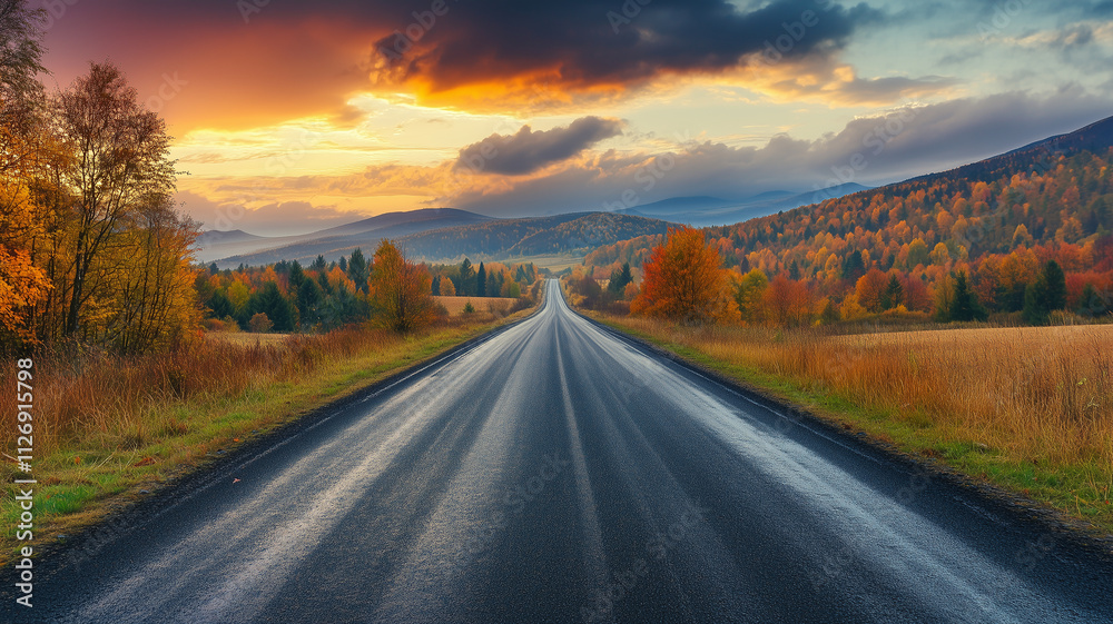 Autumn Road Through Vibrant Fall Forest