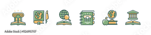 history book icon set ancient building geography research education read planet earth book signs vector illustration for web and app