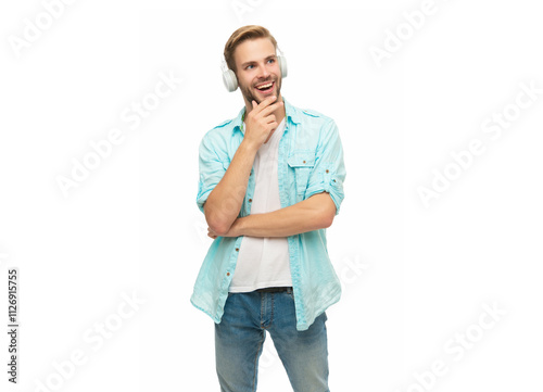 Music concept. Generation z lifestyle. Man listening audio in music headphones. Caucasian man isolated on white. Student guy listen audio. Millennial man listen to music in headphones. Mp3