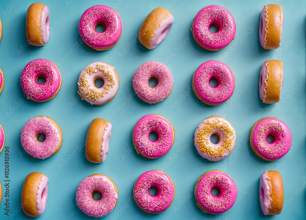 A vibrant display of various donuts featuring pink frosting and sprinkles is arranged in an appealing pattern on a blue surface, perfect for any dessert table A vibrant display of various donuts featuring pink frosting and sprinkles is arranged in an appealing pattern on a blue surface, perfect for any dessert table