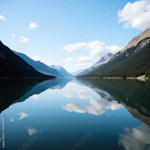 A tranquil lake with a reflection of the surrounding mountains.