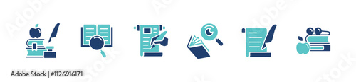 study research icon set library literature learning magnifier read book education journal writing search discovery signs vector illustration for web and app