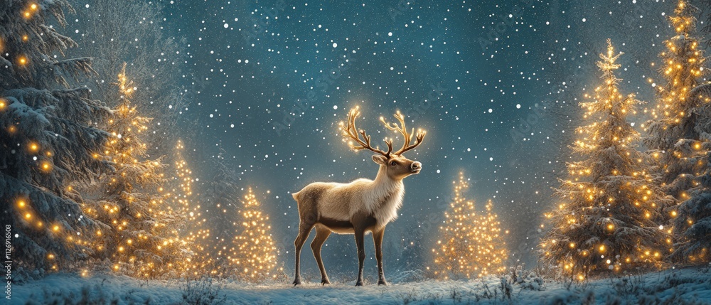Fototapeta premium Reindeer in a snowy forest christmas theme scenic nature winter wonderland magical atmosphere festive spirit