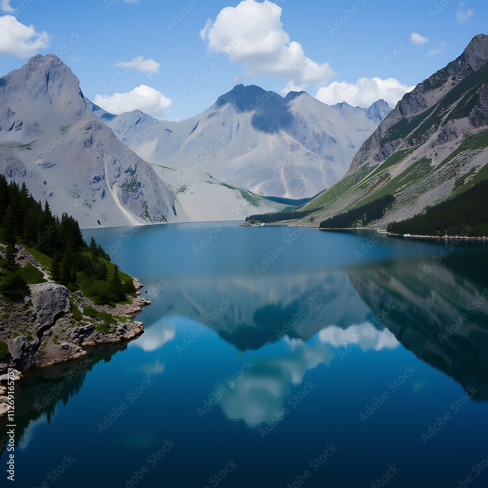 A tranquil lake with a reflection of the surrounding mountains. A tranquil lake with a reflection of the surrounding mountains.