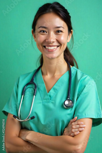 Beautiful asian nurse with crossed arms green background