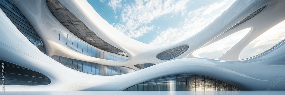 Naklejka premium A futuristic architectural design with fluid forms and expansive glass surfaces under a bright sky.