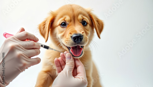 A veterinarian administers a vaccination to a cute golden retriever puppy. photo