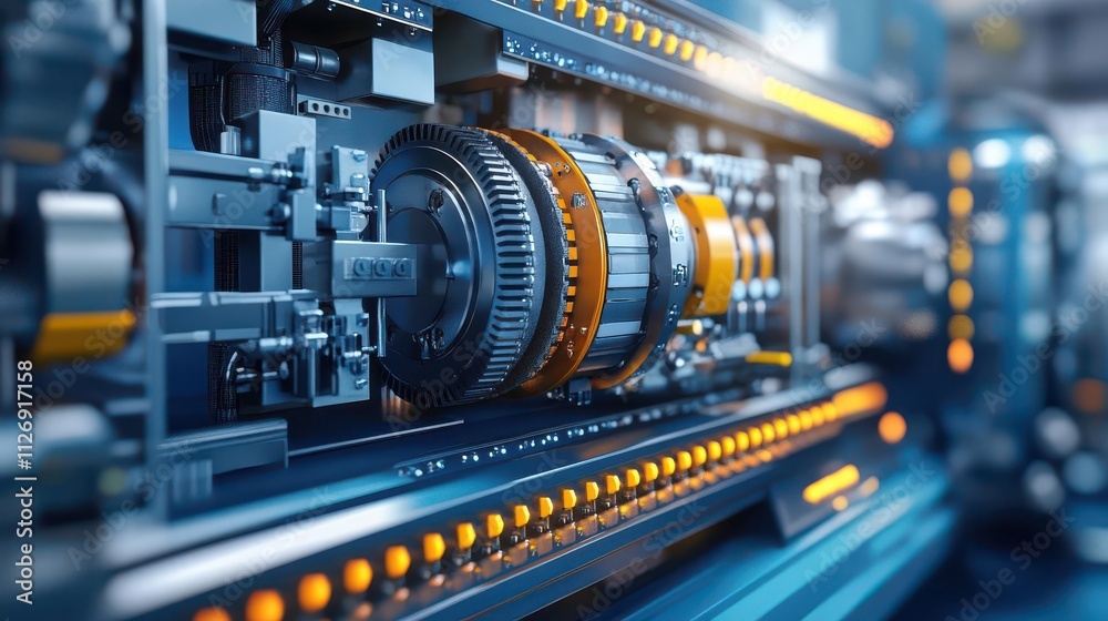A close-up view of intricate mechanical components with metallic textures and vibrant lighting, showcasing advanced engineering and technology.