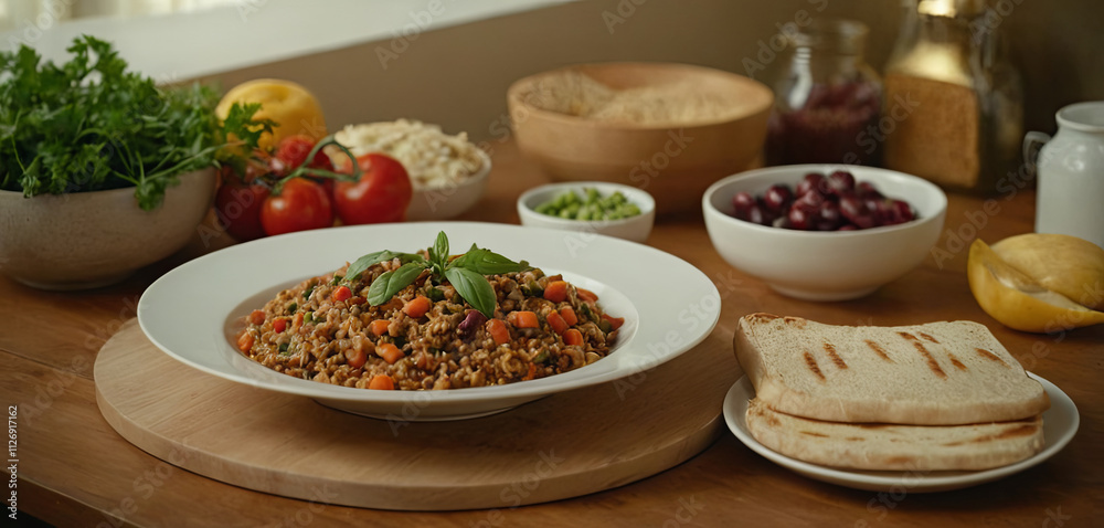 A colorful lentil dish is served on a wooden table surrounded by fresh vegetables, herbs, grains, and dining essentials. The warm, inviting kitchen enhances the meal's appeal A colorful lentil dish is served on a wooden table surrounded by fresh vegetables, herbs, grains, and dining essentials. The warm, inviting kitchen enhances the meal's appeal