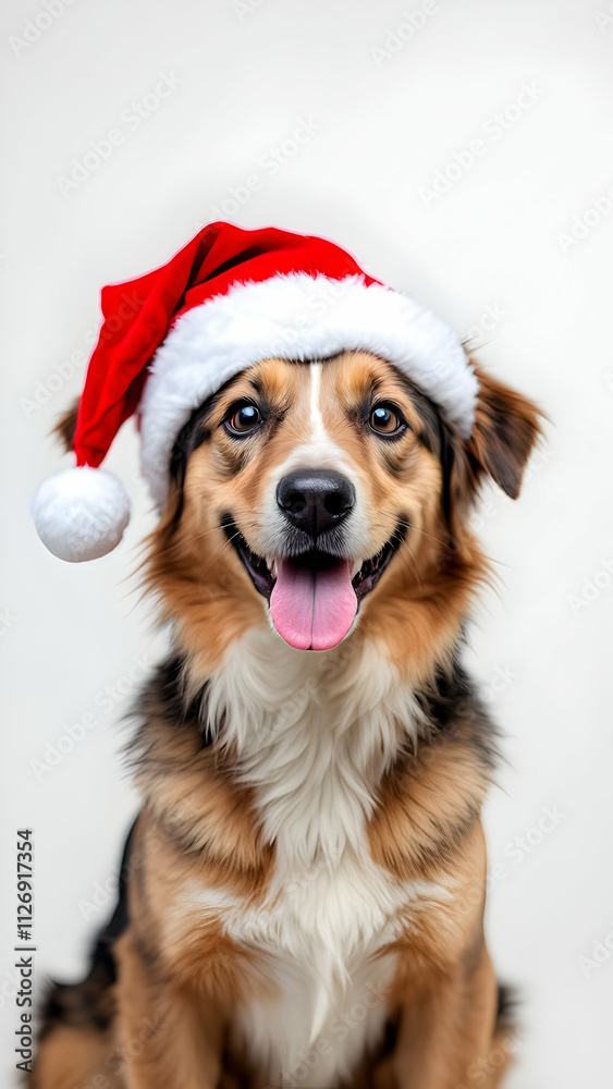 A happy Australian Shepherd dog wears a Santa hat, smiling with its tongue out against a white background. The dogs fur is brown, black, and white. A happy Australian Shepherd dog wears a Santa hat, smiling with its tongue out against a white background. The dogs fur is brown, black, and white.