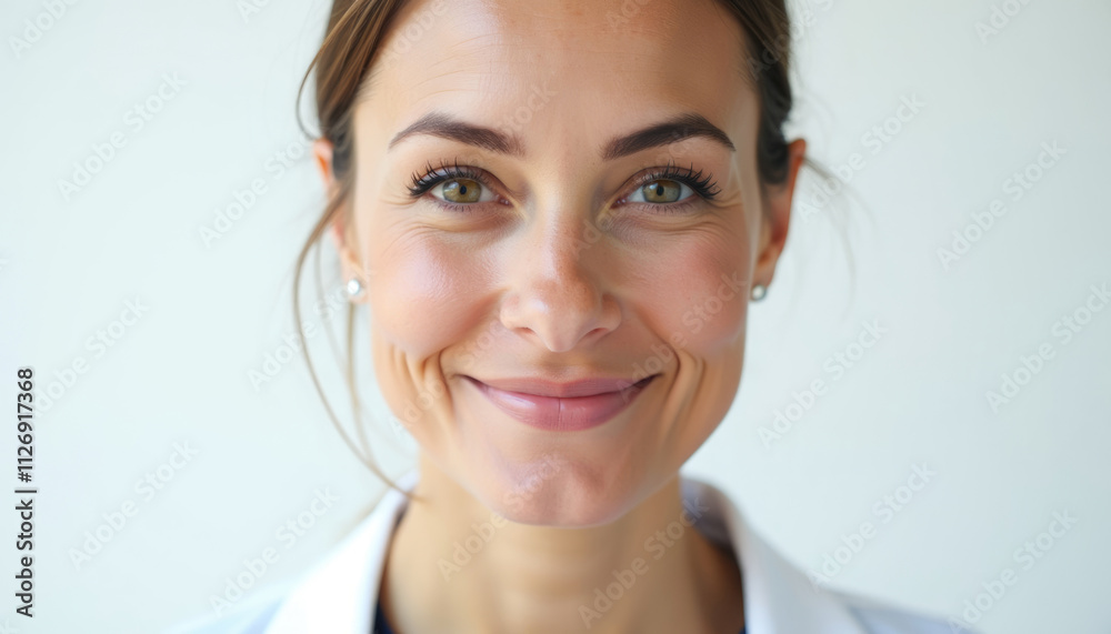 Close up portrait of a smiling woman with brown hair and green eyes wearing a white coat. Close up portrait of a smiling woman with brown hair and green eyes wearing a white coat.