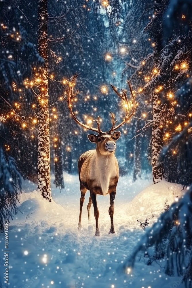 Majestic reindeer in a snowy forest glowing with lights winter wonderland wildlife photography enchanted atmosphere serene perspective Majestic reindeer in a snowy forest glowing with lights winter wonderland wildlife photography enchanted atmosphere serene perspective