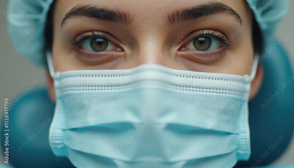 Close up of a woman's eyes peering from behind a light blue surgical mask. Close up of a woman's eyes peering from behind a light blue surgical mask.
