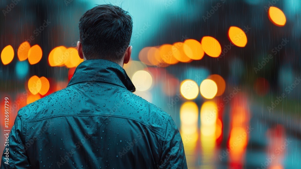 Man in sleek jacket walking on rainy day city streets reflection Man in sleek jacket walking on rainy day city streets reflection