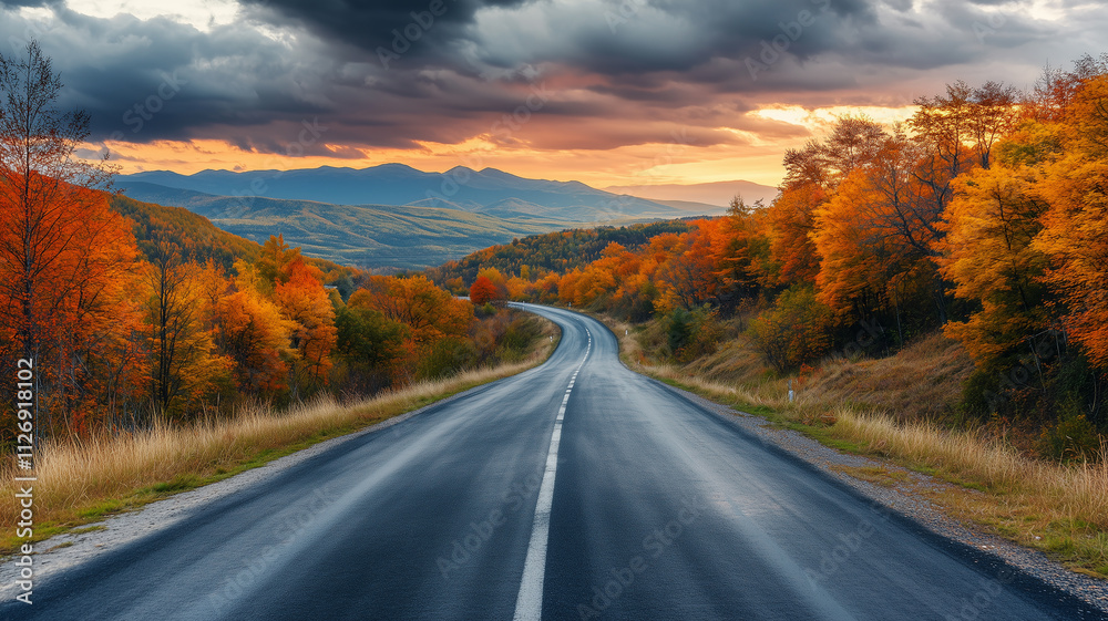 Naklejka premium Autumn Road Through Vibrant Fall Forest