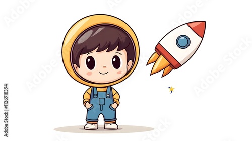 A child in overalls pretending to be an astronaut, with a rocket
