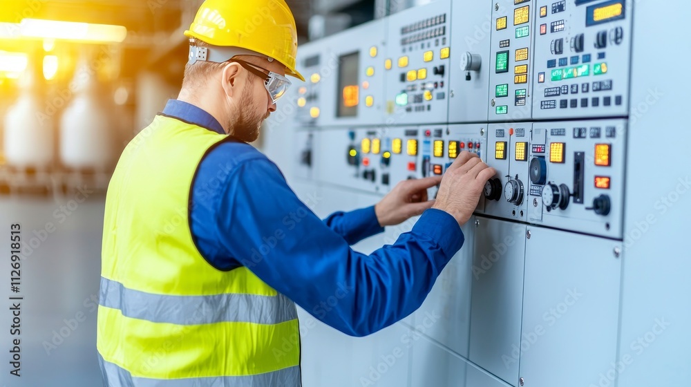 Industrial Worker Operating Control Panel at Manufacturing Facility Technical Equipment Indoor Setting Close-Up View Efficiency Focus Industrial Worker Operating Control Panel at Manufacturing Facility Technical Equipment Indoor Setting Close-Up View Efficiency Focus