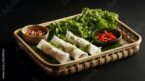 A fresh goi cuon made with halal chicken, herbs, and lettuce photo