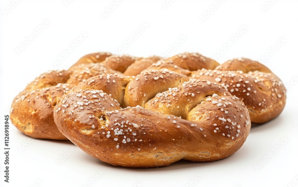 Perfectly baked soft pretzel with visible salt grains, isolated on a white background, sharp-focused, and intricately detailed
