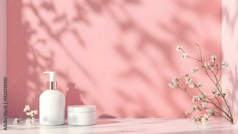White skincare containers, cream jar pump bottle, sit on a pink surface with delicate white flowers and soft leaf shadows. Minimalist and elegant aesthetic. White skincare containers, cream jar pump bottle, sit on a pink surface with delicate white flowers and soft leaf shadows. Minimalist and elegant aesthetic.