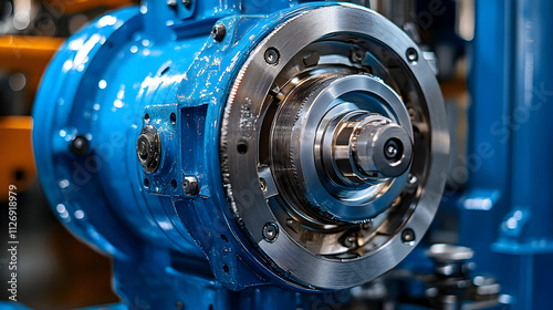 Industrial Machinery, Close-up of a Blue Metal Gear System, Precision Engineering, Detailed View of Industrial Components