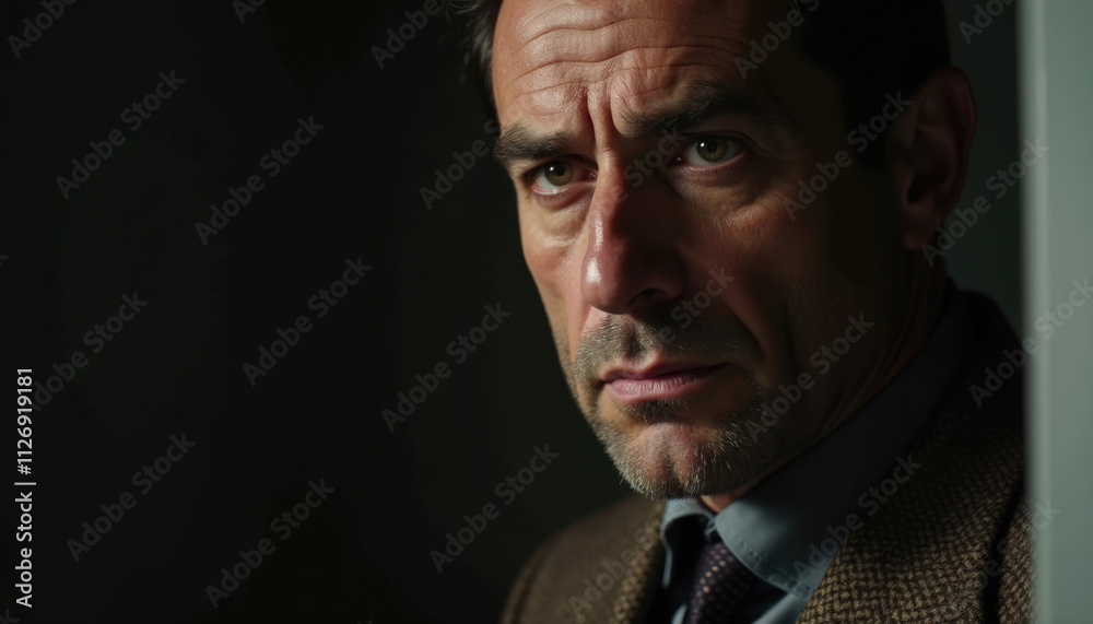 Fototapeta premium A serious middle aged man with intense eyes gazes into the distance lost in thought.