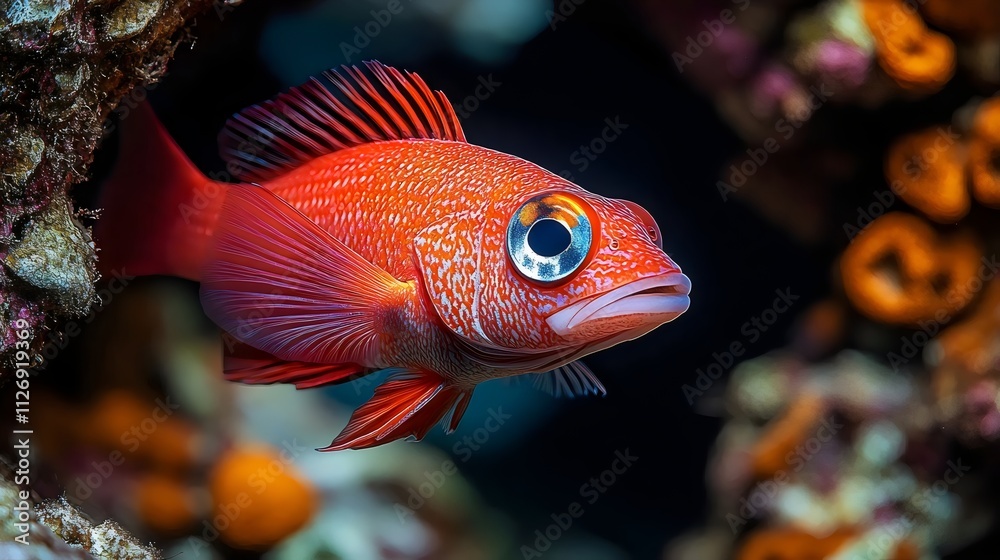A small red fish is swimming in a coral reef A small red fish is swimming in a coral reef