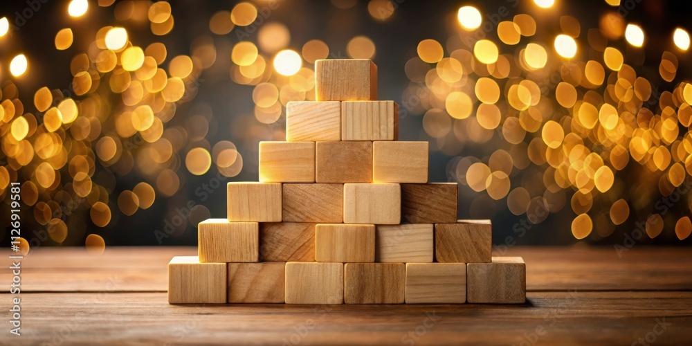 Wooden blocks stacked in a pyramid shape, illuminated by warm bokeh lights, creating a visually appealing arrangement. Wooden blocks stacked in a pyramid shape, illuminated by warm bokeh lights, creating a visually appealing arrangement.