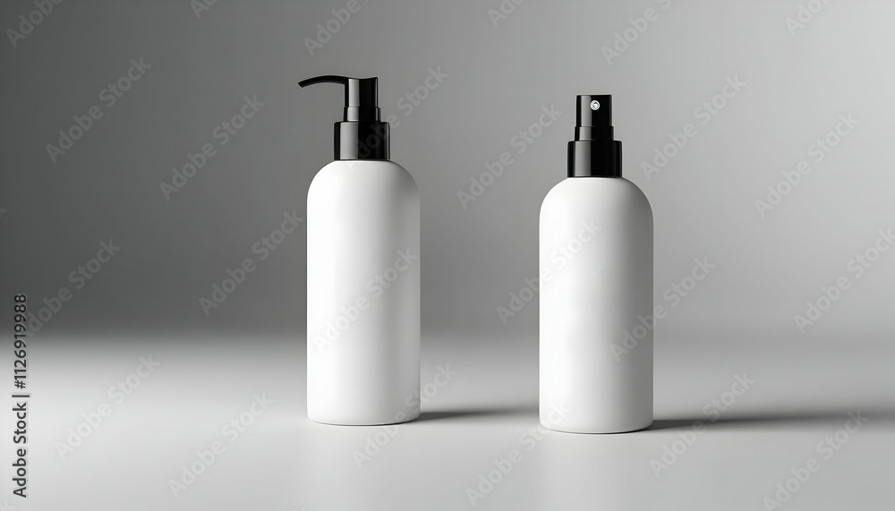 Two cylindrical white cosmetic bottles, one with a pump dispenser and the other a spray nozzle, are displayed on a gray background. Minimalist product packaging design. Two cylindrical white cosmetic bottles, one with a pump dispenser and the other a spray nozzle, are displayed on a gray background. Minimalist product packaging design.