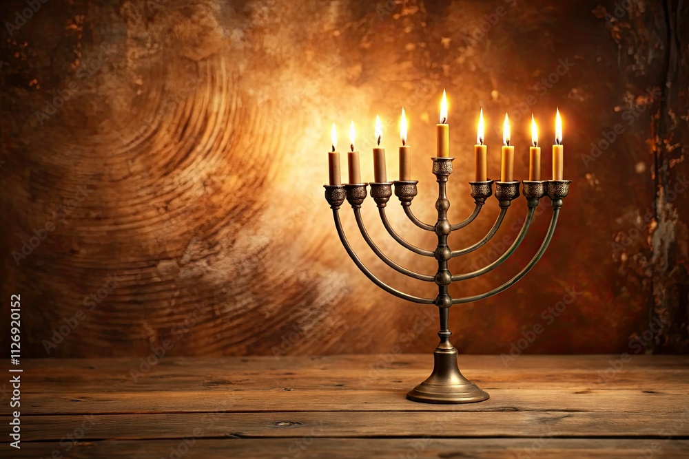 Minimalist Hanukkah Menorah Photo: Warm Wooden Table, Lit Candles, Cozy Background Minimalist Hanukkah Menorah Photo: Warm Wooden Table, Lit Candles, Cozy Background