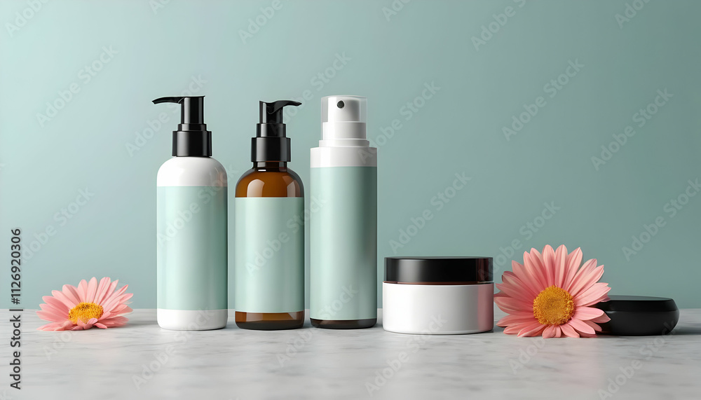 Three sleek cosmetic containers pump bottles, spray bottle, jar with pastel labels sit on marble. Pink gerbera daisies add a touch of natural elegance. Spalike setting. Three sleek cosmetic containers pump bottles, spray bottle, jar with pastel labels sit on marble. Pink gerbera daisies add a touch of natural elegance. Spalike setting.