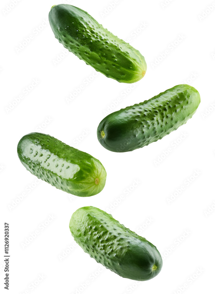 Fresh green cucumbers tumbling against a clear backdrop, ideal for food and drink promotion Fresh green cucumbers tumbling against a clear backdrop, ideal for food and drink promotion