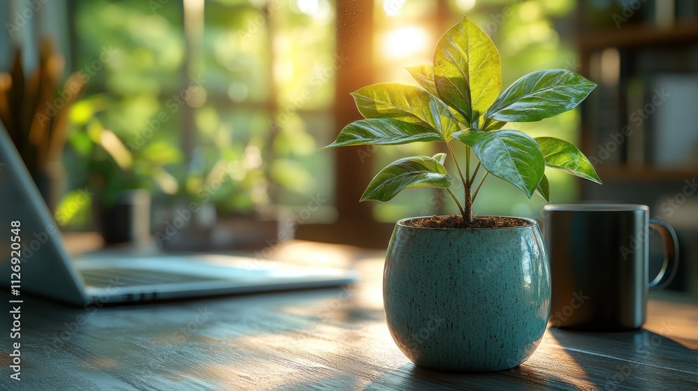 A serene workspace with a plant and coffee. A serene workspace with a plant and coffee.