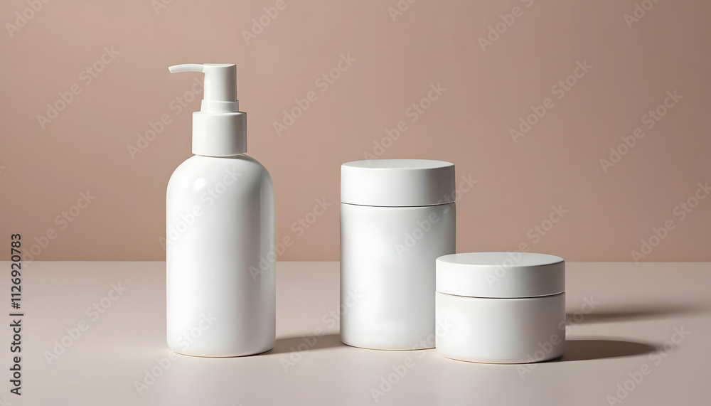 Three sleek, white cosmetic containers on a pale pink background. A pump bottle, tall jar, and small jar are displayed. Clean and modern aesthetic. Three sleek, white cosmetic containers on a pale pink background. A pump bottle, tall jar, and small jar are displayed. Clean and modern aesthetic.