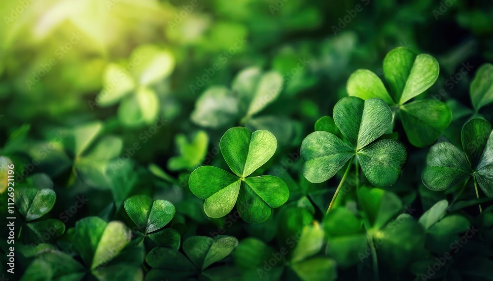 Vibrant Three Leaf Clover in a Lush Green Clover Field with Sunlit Background. Symbol of St. Patrick’s Day, Luck, Prosperity, and Irish Heritage, Perfect for Celebrations, Cards, or Decorations Vibrant Three Leaf Clover in a Lush Green Clover Field with Sunlit Background. Symbol of St. Patrick’s Day, Luck, Prosperity, and Irish Heritage, Perfect for Celebrations, Cards, or Decorations