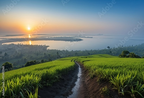 Landscape photo of a swamp with heavy rain on a lake that looks serene in the bright morning sunlight photo