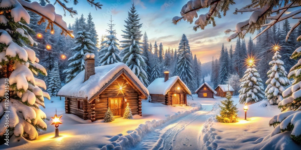 A snow-covered winter wonderland with cozy cabins nestled in the snowy forest, illuminated by warm lights and surrounded by towering evergreens. A snow-covered winter wonderland with cozy cabins nestled in the snowy forest, illuminated by warm lights and surrounded by towering evergreens.