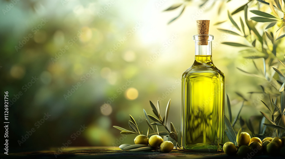 Clear glass bottle of olive oil surrounded by fresh olives in a lush green setting Clear glass bottle of olive oil surrounded by fresh olives in a lush green setting